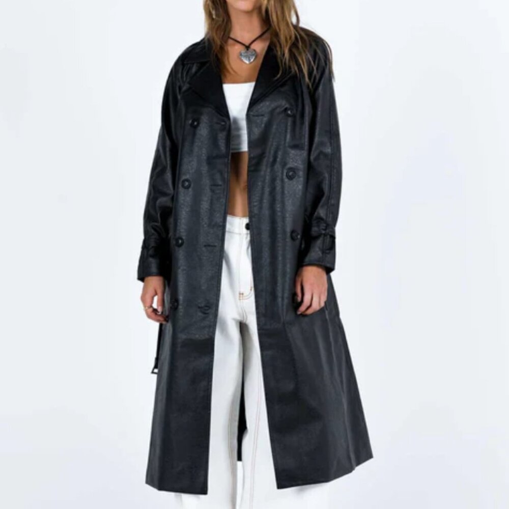 Princess Polly Vegan Leather Trench Coat Black Size M/L